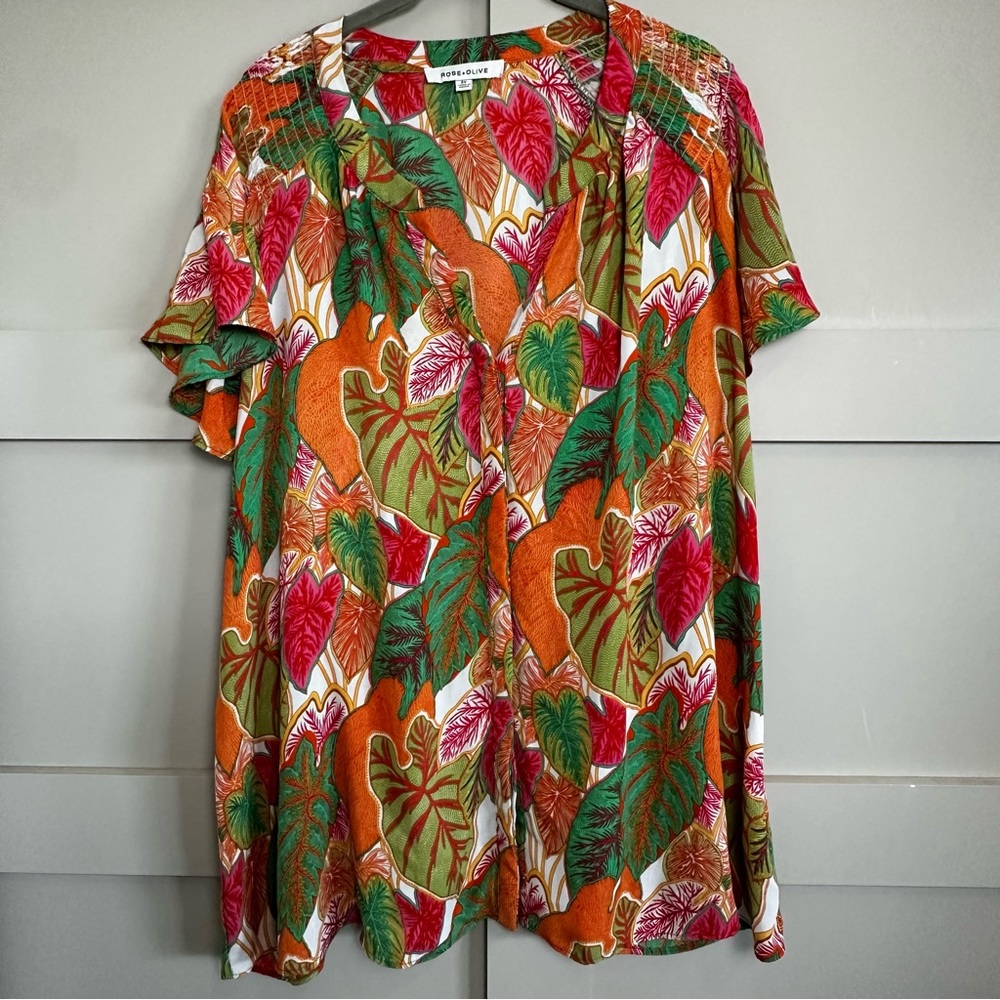 Rose + Olive Tropical Short Flutter Sleeve V-Neck Top Blouse Women’s Plus Sz 2X